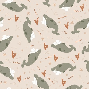 (M) Cowboy Dolphins - Sage Green and Sand Beige Earth Tones Muted Colors Western Kids Nursery Funny Animals Ocean Life Coastal