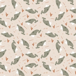 (S) Cowboy Dolphins - Sage Green and Sand Beige Earth Tones Muted Colors Western Kids Nursery Funny Animals Ocean Life Coastal