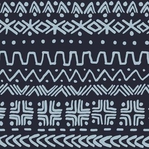 large - Bogolan tribal stripes - mudcloth fabric - light blue gray on baritone dark blue