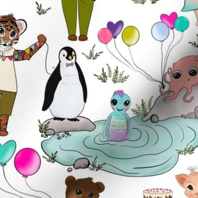 White  Background Bright Cheerful Colorful Party Zoo Animal Characters Children’s Book Illustration Tiger Penguin Bear Octopus Fish Cat Balloons Cake Banner Bunting