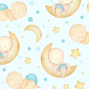 Baby boy - Watercolor Cute Sleeping Babies - Nursery Decor with Moon and Stars