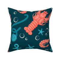 Bubbly Crustaceans Dark Sea Blue Large - nautical, hand-drawn, aquatic animals, starfish, bubbles, whimsical, nature, sea shells, crabs, lobsters, shrimp, shell fish, red, blue, cute, fun, kitchen decor, restaurants, table cloth, ocean, boat anchors, co