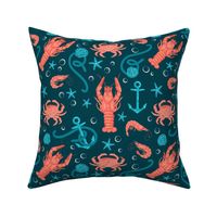 Bubbly Crustaceans Dark Sea Blue Small - nautical, hand-drawn, aquatic animals, starfish, bubbles, whimsical, nature, sea shells, crabs, lobsters, shrimp, shell fish, red, blue, cute, fun, kitchen decor, restaurants, table cloth, ocean, boat anchors, co