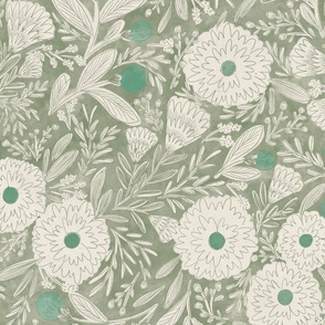 (Lg) Wildflowers in soft green and teal turquoise, watercolor texture and sketched look