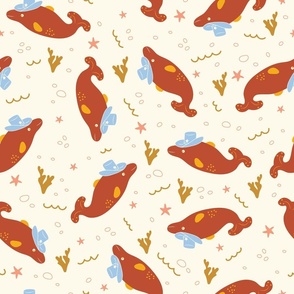 (M) Cowboy Dolphins - Terracotta and Cream Burgundy Western Kids Nursery Funny Animals Ocean Life Coastal