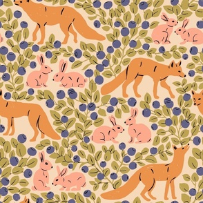 Cute Woodland Fox and Pink Rabbit in Blueberry Forest Block Print