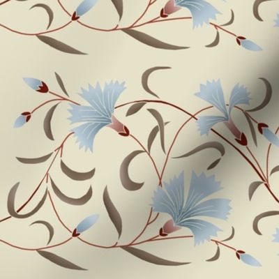 1886 Floral Stripe Blue Gray and Brown on Beige Shaded