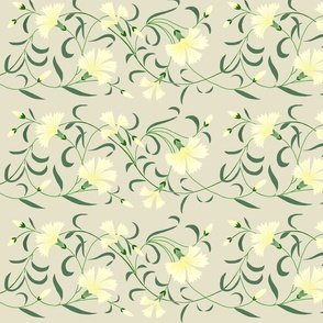 1886 Floral Stripe Off White Green and Yellowed Gray Shaded