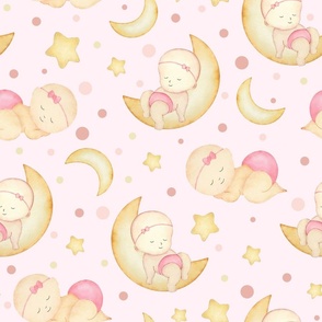 Baby Girl - Watercolor Cute Sleeping Babies - Nursery Decor with Moon and Stars