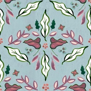 Blue, green and mauve leaves in diamond pattern