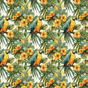 Parrot Tropical Paradise Yellow and Green Floral Palm Leaves  Birds
