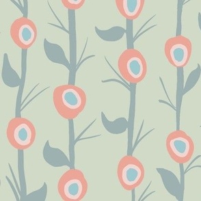 (L) Pink Button Flowers on  Vines  Mint Green