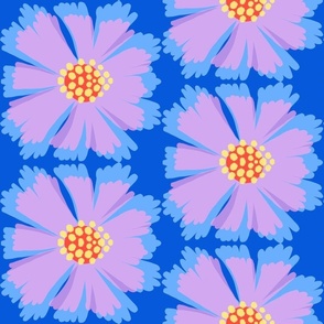 Wow! Flower Mini Bright Baby Sky Blue With Pale Pastel Yellow, Lilac Pink Purple, Bright Red On Electric Blue Mid-Century Modern Luxe Hotel Tropical Florida Beach Club Pool Stylized California Palm Springs Aster Wildflower Half-Drop Repeat Pattern