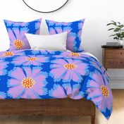 Wow! Flower Big Bright Baby Sky Blue With Pale Pastel Yellow, Lilac Pink Purple, Bright Red On Electric Blue Mid-Century Modern Luxe Hotel Tropical Florida Beach Club Pool Stylized California Palm Springs Aster Wildflower Half-Drop Repeat Pattern