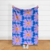 Wow! Flower Big Bright Baby Sky Blue With Pale Pastel Yellow, Lilac Pink Purple, Bright Red On Electric Blue Mid-Century Modern Luxe Hotel Tropical Florida Beach Club Pool Stylized California Palm Springs Aster Wildflower Half-Drop Repeat Pattern