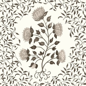 Grandmillennial Classic Boteh Indian floral and foliage pattern, large scale in a warm grey monochrome palette on natural white