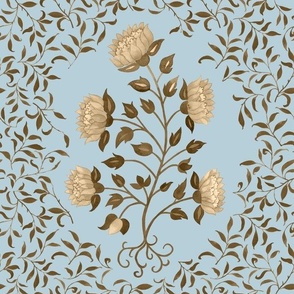 Grandmillennial Classic Boteh Indian floral and foliage pattern, large scale in antique brown on light soft blue