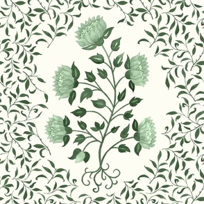 Grandmillennial Classic Boteh Indian floral and foliage pattern, large scale in a forest green monochrome palette on natural white