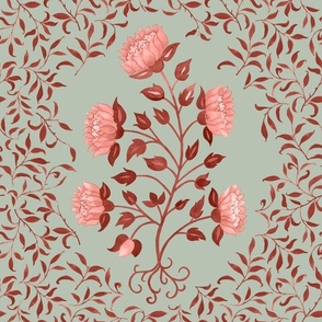 Grandmillennial Classic Boteh Indian floral and foliage pattern, large scale in coral pink hues on duck egg green