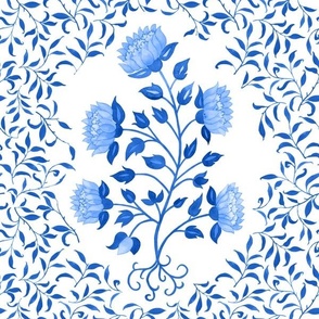 Grandmillennial Classic Boteh Indian floral and foliage pattern, large scale in sweet cornflower blue and white