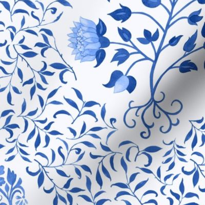 Grandmillennial Classic Boteh Indian floral and foliage pattern, large scale in Delft China blue on blue white