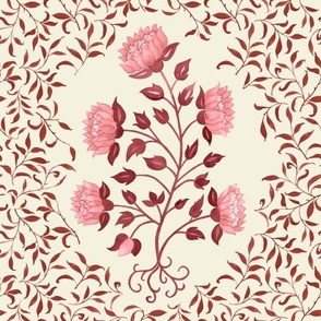 Grandmillennial Classic Boteh Indian floral and foliage pattern, large scale in dusky pinks on warm creamy beige