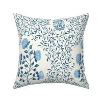 Grandmillennial Classic Boteh Indian floral and foliage pattern, large scale in a French blue monochrome palette on natural white