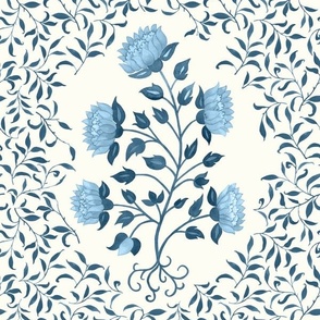 Grandmillennial Classic Boteh Indian floral and foliage pattern, large scale in a French blue monochrome palette on natural white