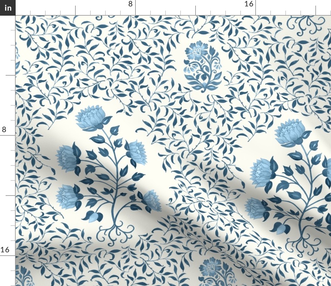 Grandmillennial Classic Boteh Indian floral and foliage pattern, large scale in a French blue monochrome palette on natural white