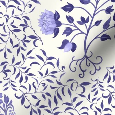 Grandmillennial Classic Boteh Indian floral and foliage pattern, large scale in a lilac monochrome palette on natural white