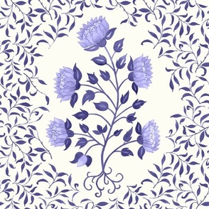 Grandmillennial Classic Boteh Indian floral and foliage pattern, large scale in a lilac monochrome palette on natural white