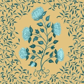 Grandmillennial Classic Boteh Indian floral and foliage pattern, large scale in teal on wheat gold