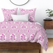 Grandmillennial Classic Boteh Indian floral and foliage pattern, large scale in a magenta monochrome palette on natural white