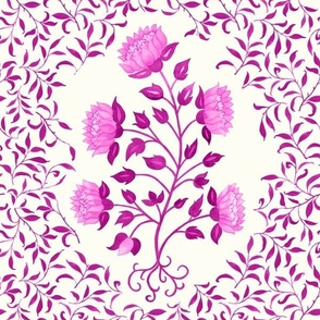 Grandmillennial Classic Boteh Indian floral and foliage pattern, large scale in a magenta monochrome palette on natural white