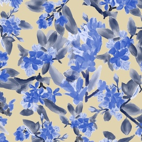 Hawthorne Haze Painterly Abstract Florals in Cerulean Blue and Grey on soft yellow