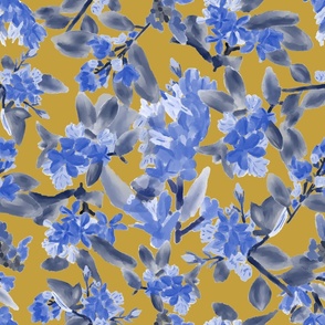 Hawthorne Haze Painterly Abstract Florals in Cerulean Blue and Grey on mustard