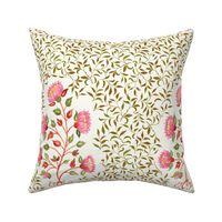 Grandmillennial Classic Boteh Indian floral and foliage pattern, large scale in pink, green and brown on natural white 