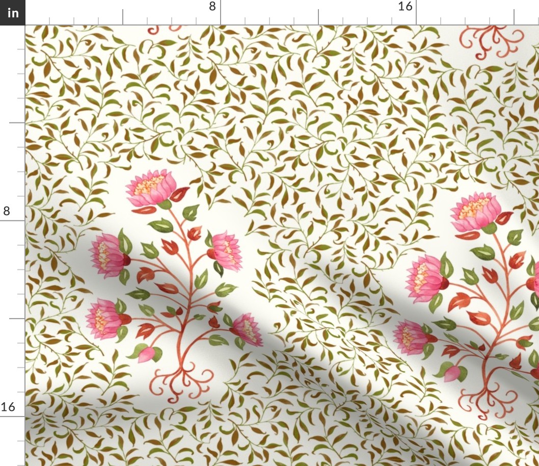 Grandmillennial Classic Boteh Indian floral and foliage pattern, large scale in pink, green and brown on natural white 