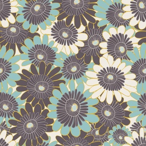 A Crowd Of Hand Drawn Daisies -Warm Earth, Teal And Gold - Non-Directional.