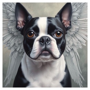 Boston Terrier Dog with Kaiser Angel wings 17 x 17 quilt panel