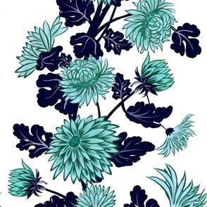 Crysanthemum Blue, Aqua, Turquoise, Oriental Japandi style