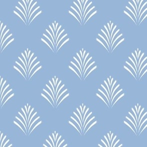 Small scale / Dusty cerulean blue and white block print palm leaves / Cool light calming pastel palm leaf fronds on dull muted powder gray blue / minimal modern fan florals tropical Indian winter motifs blender