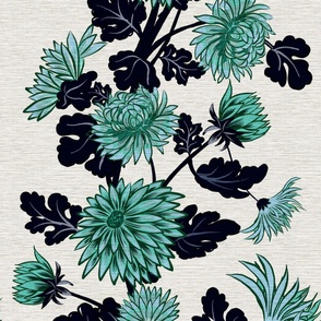 Crysanthemum with faux Grasscloth texture, blue, aqua, turquoise, Oriental, Japandi