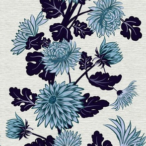 Crysanthemum Blue Cornflower faux Grasscloth Japandi, Oriental