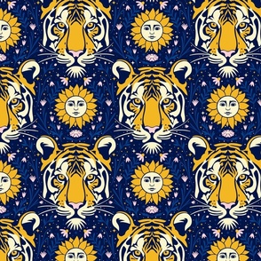 (M) Moody celestial tiger with flowers and stars for tweens, teenager and those young at heart, dark blue yellow