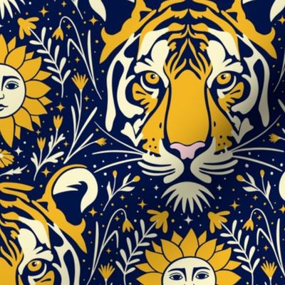 (M) Moody celestial tiger with flowers and stars for tweens, teenager and those young at heart, dark blue yellow off white