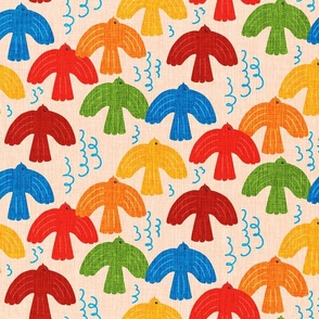 migration- cute rainbow colored flying birds in scandi naive simple but sweet style over peachy cream rustic textured linen background