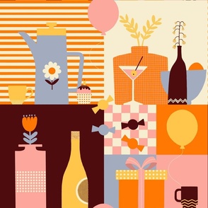 Funky Retro Kitchen Party Wallpaper in LAVENDER, pink, brown, cream, yellow and orange