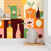 Funky Retro Kitchen Party Wallpaper - in GREEN, pink, brown, cream, yellow and orange