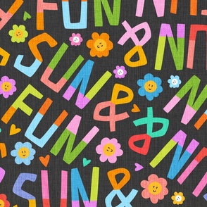 sun and fun - colorful cute  hand drawn summer holidays beach vacation sunny typography design on charcoal black  background